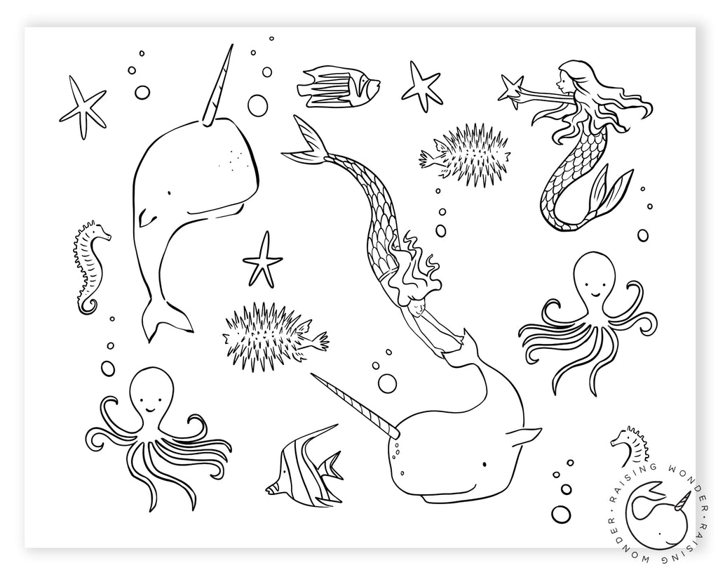 Single Coloring Page-Narwhal and Mermaid