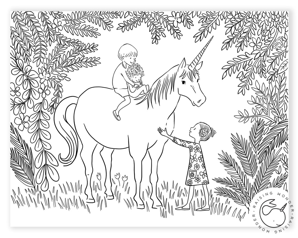 Single Coloring Page-Unicorn and Children