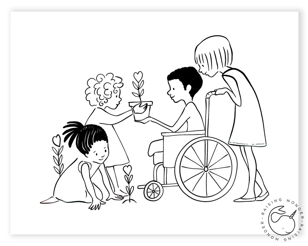 Single Coloring Page-Kids and Wheelchair