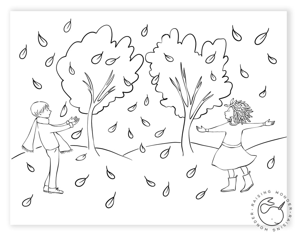Single Coloring Page-Autumn Leaves and Kids
