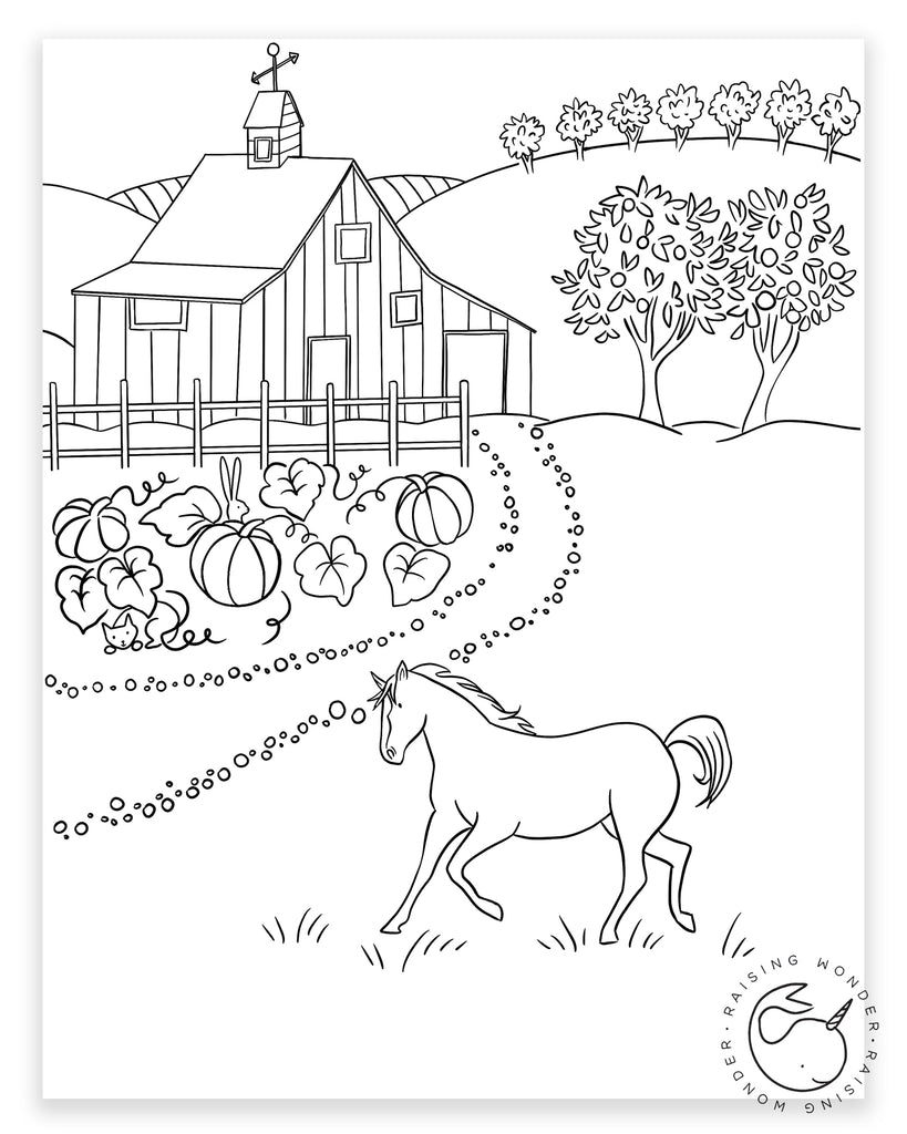 Single Coloring Page-Horse and Farm